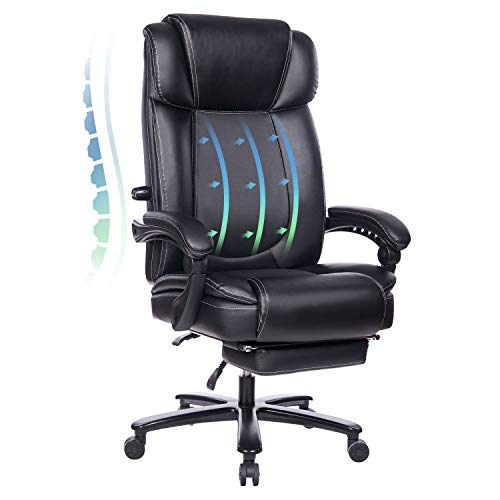 REFICCER Big and Tall Executive Office Chair 400 Lbs, High Back Rocking PU Leather Office Chair with Footrest - Reclining Computer Desk Chair with Ergonomic Back and Thick Padding