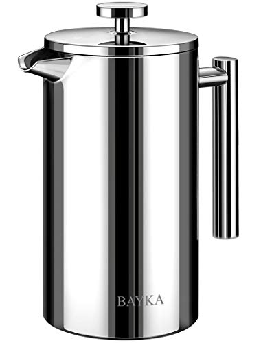 BAYKA 34 Oz French Press Coffee Maker, 304 Grade Stainless Steel, Double Wall Insulated Coffee Press for Home Office, 4-Level Filtration Systems, 2 Extra Mesh Filters Included, Dishwasher Safe