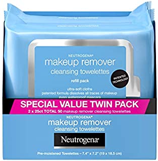 Neutrogena Makeup Remover Cleansing Face Wipes, Daily Cleansing Facial Towelettes to Remove Waterproof Makeup and Mascara, Alcohol-Free, Value Twin Pack, 25 Count, 2 Pack