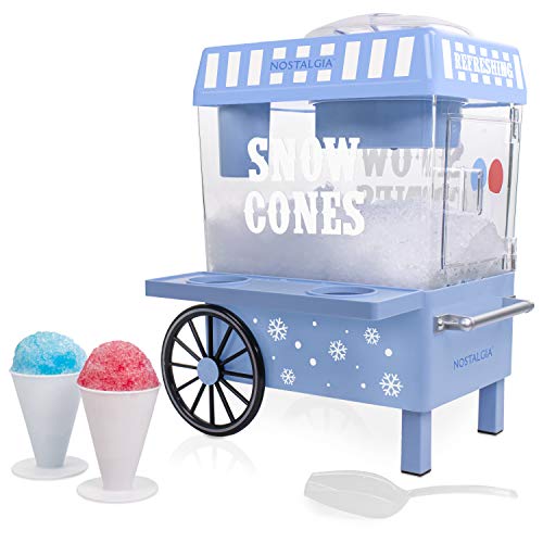 Nostalgia SCM525BL Vintage Countertop Snow Cone Maker Makes 20 Icy Treats, Includes 2 Reusable Plastic Cups & Ice Scoop  Blue