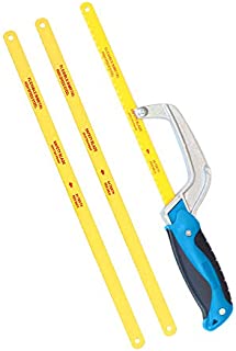 ACXMKEX Compact Mini Hacksaw 1 Pack Aluminum Frame with 3 Pieces Bi-metal HSS Replace Blades - Hand Operated Close Quarter Metal Hand Saw, Small Hack Saw, Blue HS005B