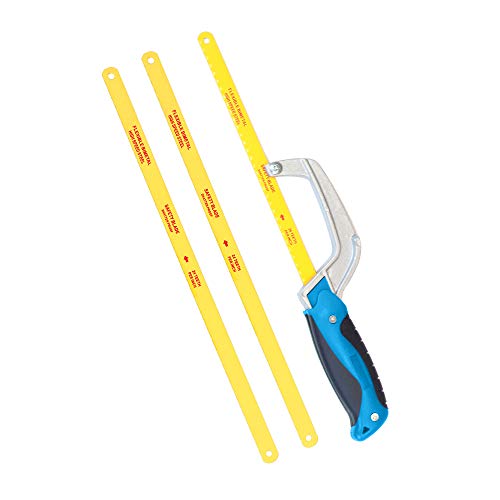 ACXMKEX Compact Mini Hacksaw 1 Pack Aluminum Frame with 3 Pieces Bi-metal HSS Replace Blades - Hand Operated Close Quarter Metal Hand Saw, Small Hack Saw, Blue HS005B