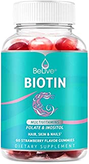 Biotin Gummies with Hair Vitamins, Folate, Inositol - Supports Hair Growth, Skin, Nail, Vegan, Pectin Based - Strawberry Flavor (60 Count)