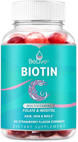 Biotin Gummies with Hair Vitamins, Folate, Inositol - Supports Hair Growth, Skin, Nail, Vegan, Pectin Based - Strawberry Flavor (60 Count)