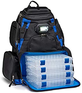 Vexan Fishing Removable LED Lighted Tackle Box Backpack with 4 3600 Trays Large Tackle Bag Storage and 4 Tackle Box (Black and Blue)