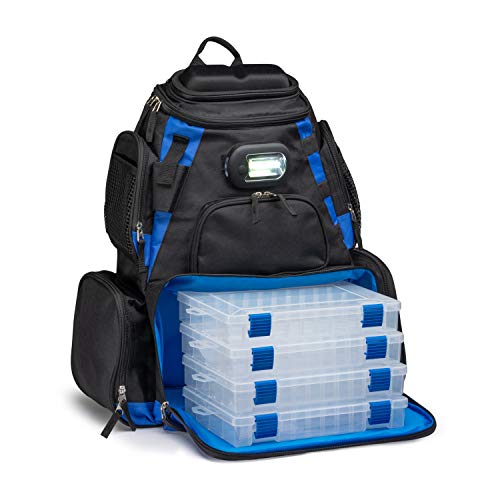 Vexan Fishing Removable LED Lighted Tackle Box Backpack with 4 3600 Trays Large Tackle Bag Storage and 4 Tackle Box (Black and Blue)