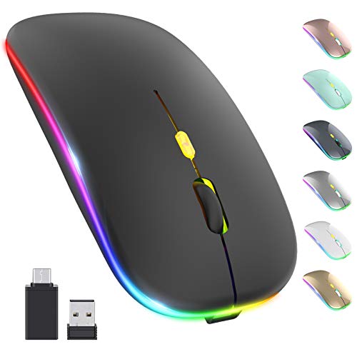 Upgrade LED Wireless Mouse, Rechargeable Slim Silent Mouse 2.4G Portable Mobile Optical Office Mouse with USB & Type-c Receiver, 3 Adjustable DPI for Notebook, PC, Laptop, Computer, Desktop (Black)