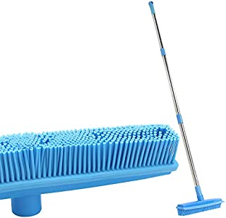 LandHope Carpet Rake Long Handle Pet Dog Hair Rubber Broom Squeegee Fur Remover Broom Carpet Brush 51 inches Indoor Outdoor Push Broom Car Floor Cleaning Non Scratch Bristles Rug Rake Sweeper(Blue)