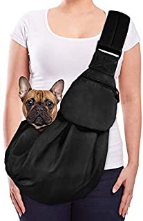 Lukovee Pet Sling, Hand Free Dog Sling Carrier Adjustable Padded Strap Tote Bag Breathable Cotton Shoulder Bag Front Pocket Safety Belt Carrying Small Dog Cat Puppy Machine Washable (Black)