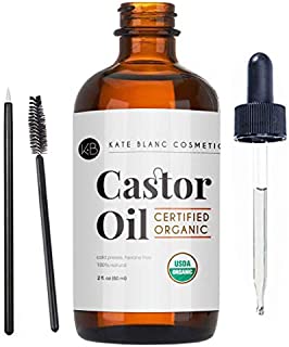 Castor Oil (2oz) USDA Certified Organic, 100% Pure, Cold Pressed, Hexane Free by Kate Blanc. Stimulate Growth for Eyelashes, Eyebrows, Hair. Lash Growth Serum. Brow Treatment. FREE Mascara Starter Kit