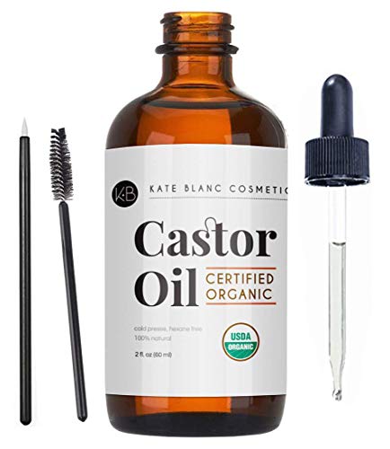 Castor Oil (2oz) USDA Certified Organic, 100% Pure, Cold Pressed, Hexane Free by Kate Blanc. Stimulate Growth for Eyelashes, Eyebrows, Hair. Lash Growth Serum. Brow Treatment. FREE Mascara Starter Kit