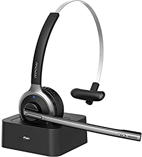 Mpow M5 Pro Bluetooth Headset with Microphone, Wireless Headphones for Cell Phone, Noise Canceling Headset with Charging Base for PC, Laptop Truck Driver, Office,Call Center,Skype