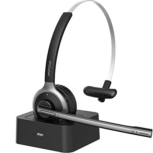 Mpow M5 Pro Bluetooth Headset with Microphone, Wireless Headphones for Cell Phone, Noise Canceling Headset with Charging Base for PC, Laptop Truck Driver, Office,Call Center,Skype