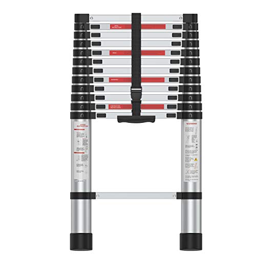 SUNCOO 12.5 FT Extension Ladder, Lightweight Aluminum Telescoping Ladders, Easy Retraction Anti-Slip Telescopic Extendable Climb Attic Ladder with Spring Loaded Locking Mechanism, 330 lbs Capacity