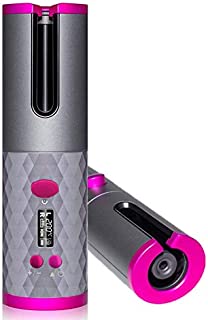 Cordless Auto Curler, Professional Fast Heating Ceramic Barrel with Adjustable Temperature & Timer, LCD Display & USB Rechargeable Anti-Tangle Hair Curling Wand, Portable Hair Styler for Travel (Grey)