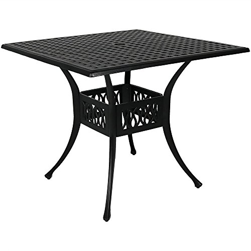 Sunnydaze Square Patio Dining Table - Outdoor Heavy-Duty Black Cast Aluminum - 4-Person Outside Patio Furniture with Umbrella Hole - Modern Dinette Table - Outdoor Patio Table - 35-Inch