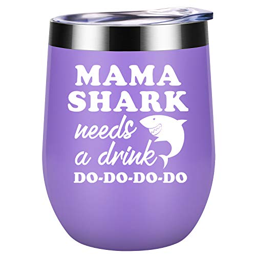 Mothers Day Gifts for Mom from Daughter, Son - Mama Shark Needs a Drink - Funny Mothers Day Gifts for Wife, Any Mom, New Mom, Mom to be - First Mothers Day Gifts - Coolife Mommy Shark Wine Tumbler Cup