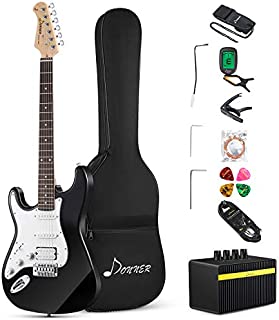 Donner DST-1BL 39 Inch Left Handed Electric Guitar Kit Solid Body Black Beginner Full-Size, with Amplifier, Bag, Capo, Strap, String, Tuner, Cable, Picks,