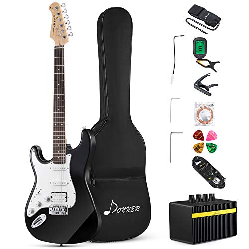 Donner DST-1BL 39 Inch Left Handed Electric Guitar Kit Solid Body Black Beginner Full-Size, with Amplifier, Bag, Capo, Strap, String, Tuner, Cable, Picks,