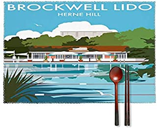 Novelty Placemat with Brockwell Lido London Open-air Swimming Pool Print, Custom Placemats Kitchen Table Mats Coffee Tray Place Mats for Dining Table, Set of 4 (12 x 18 Inch)