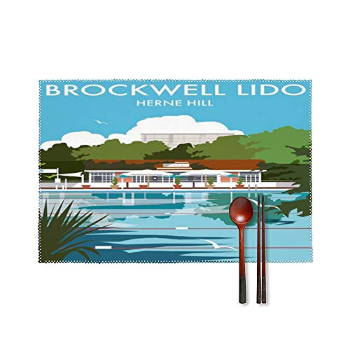 Novelty Placemat with Brockwell Lido London Open-air Swimming Pool Print, Custom Placemats Kitchen Table Mats Coffee Tray Place Mats for Dining Table, Set of 4 (12 x 18 Inch)