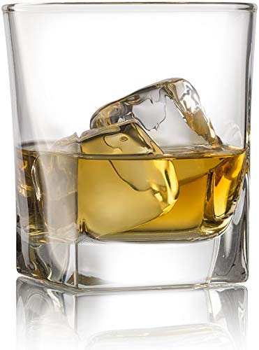 Double Old Fashioned Whiskey Glass (Set of 4) with Granite Chilling Stones - 10 oz Heavy Base Rocks Barware Glasses for Scotch, Bourbon and Cocktail Drinks