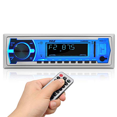 Pyle Marine Bluetooth Stereo Radio - 12v Single DIN Style Boat In dash Radio Receiver System with Built-in Mic, Digital LCD, RCA, MP3, USB, SD, AM FM Radio - Remote Control - PLMRB29W (White)