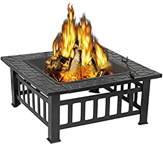 ZENY 32 Outdoor Fire Pits BBQ Square Firepit Table Backyard Patio Garden Fire Bowl Stove Wood Burning Firepit Fireplace with Spark Screen Cover,Poker,Cover,Grill for Campfire Bonfire