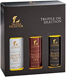 TruffleHunter Truffle Oil Selection Gift Set - White, English & Black Truffle Oil (3 x 3.38 Oz) Real Truffle Pieces Olive Oil Gourmet Food Seasoning Marinade - Vegetarian Vegan Kosher & Gluten Free