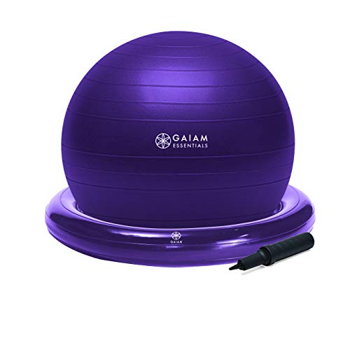 Gaiam Essentials Balance Ball & Base Kit, 65cm Yoga Ball Chair, Exercise Ball with Inflatable Ring Base for Home or Office Desk, Includes Air Pump - Purple