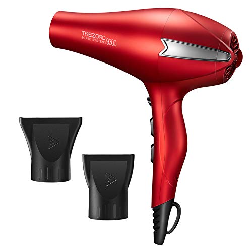 Hair Dryer, Professional Ionic Blow Dryer, Salon 2200 watt Ceramic Tourmaline Quiet Hairdryer with 2 Concentrator Nozzle Attachments - Best Soft Touch Body/Secret red