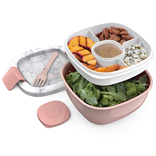 Bentgo Salad BPA-Free Lunch Container with Large 54-oz Bowl, 4-Compartment Bento-Style Tray for Salad Toppings and Snacks, 3-oz Sauce Container for Dressings, and Built-In Reusable Fork (Blush Marble)