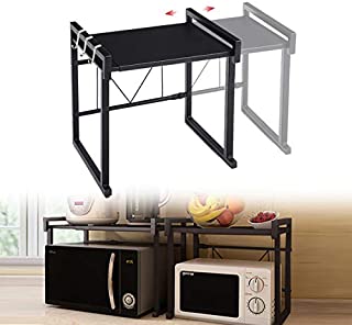 GEMITTO Expandable Microwave Oven Rack, Horizontal Extension Microwave Shelf Stand Kitchen Counter Top Organizer, 2-tier with 3 Hooks, 55lbs Load Bearing, 15.8~23.6