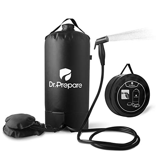 Dr. Prepare Camping Shower, Portable Camp Shower Bag with Upgraded Screw Lid, Water Level Window, Pressure Foot Pump, and Handy Nozzle, Solar Shower for Beach Camping Hiking Trip