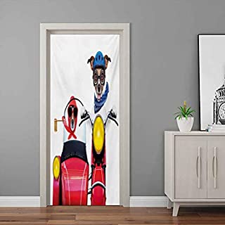 Dog Driver Decorative Wall Stickers Jack Russell Terriers on a Vintage Motorbike with Helmet and Scarf Funny Design Art Door Decals Bedroom Living Room Wooden Door Multicolor - 35.4