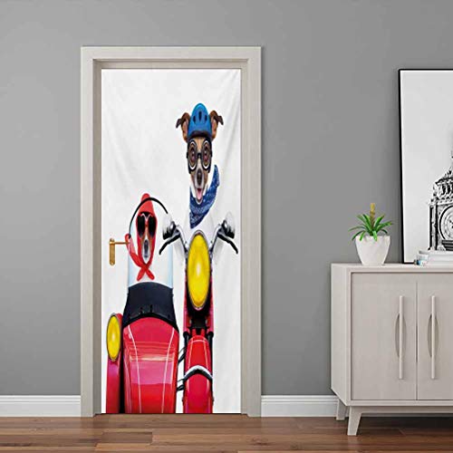 Dog Driver Decorative Wall Stickers Jack Russell Terriers on a Vintage Motorbike with Helmet and Scarf Funny Design Art Door Decals Bedroom Living Room Wooden Door Multicolor - 35.4