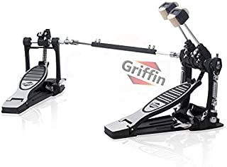 Deluxe Double Kick Drum Pedal for Bass Drum by GRIFFIN | Twin Set Foot Pedal | Quad Sided Beater Heads | Dual Pedal Two Chain Drive Percussion Hardware | Impressive Response for Metal & Rock Drummers