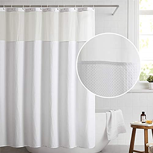 Bedsure Fabric Shower Curtain White Waffle Weave Shower Curtain for Bathroom Waterproof Bathroom Curtain with 12 Hooks Machine Washable 72x72 Inch