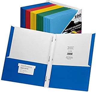 FILE-EZ Two-Pocket Folders with 3-Prong Fasteners, Assorted Colors, 100-Pack, Durable Textured Paper, Matte Finish, Letter Sheet Size (EZ-92300)