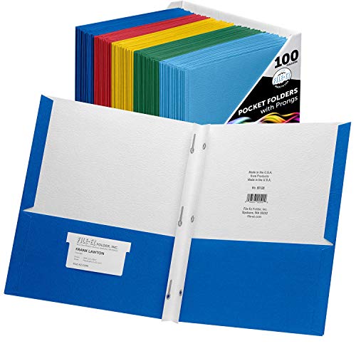 FILE-EZ Two-Pocket Folders with 3-Prong Fasteners, Assorted Colors, 100-Pack, Durable Textured Paper, Matte Finish, Letter Sheet Size (EZ-92300)