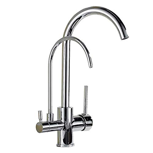 NZ-CJ 3-Way Water Filter Kitchen Faucet, 2 Levers Kitchen Faucet 360 ° Swiveling Sink Faucet Two Handles Sink Fitting Osmosis Plants Drinking Water Systems Made of Brass - Chrome