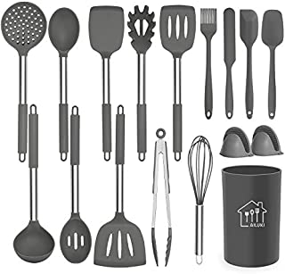 Silicone Cooking Utensil Set,Kitchen Utensils 17 Pcs Cooking Utensils Set,Non-stick Heat Resistant Silicone,Cookware with Stainless Steel Handle - Grey