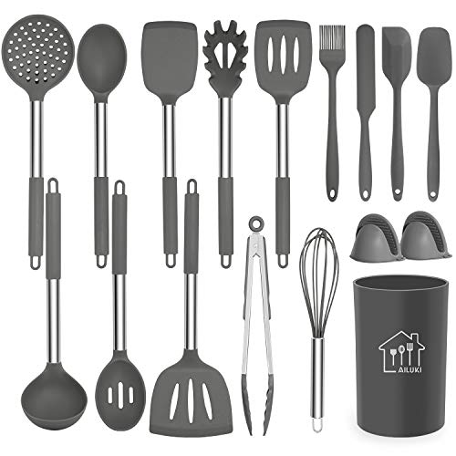 Silicone Cooking Utensil Set,Kitchen Utensils 17 Pcs Cooking Utensils Set,Non-stick Heat Resistant Silicone,Cookware with Stainless Steel Handle - Grey