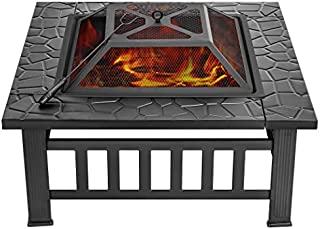 VIVOHOME 32 Inch Heavy Duty 3 in 1 Metal Square Patio Firepit Table BBQ Garden Stove with Spark Screen Cover Log Grate and Poker for Outside Wood Burning and Drink Cooling