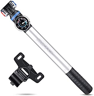 Mini Bike Pump with Gauge - Portable Frame Pump with EZ-Head Fits Schrader/Presta, Foldable T-Handle - Road Mountain MTB BMX Bike Pump