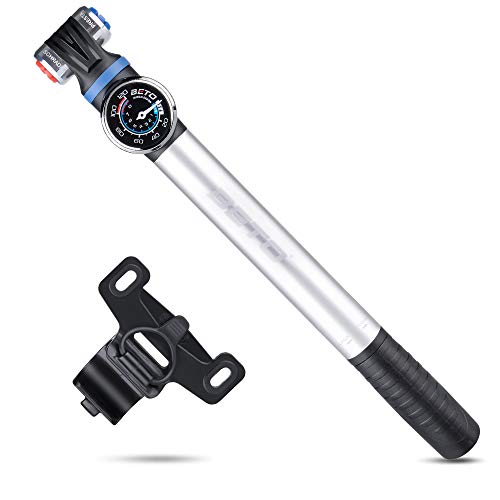 Mini Bike Pump with Gauge - Portable Frame Pump with EZ-Head Fits Schrader/Presta, Foldable T-Handle - Road Mountain MTB BMX Bike Pump