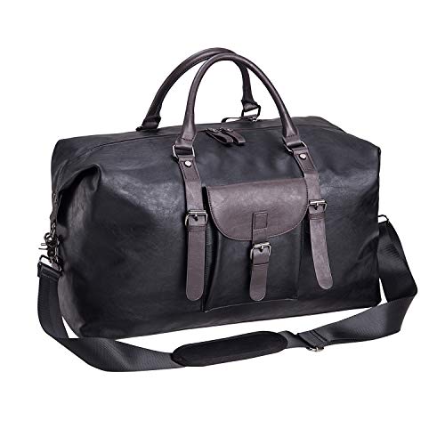 Oversized Leather Travel Duffel Bag, Weekender Overnight Bag Waterproof Leather Large Carry On Bag Travel Tote Duffel Bag for Men or Women-Black