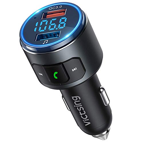 VicTsing (Upgraded Version) V5.0 Bluetooth FM Transmitter for Car, QC3.0 & LED Backlit Wireless Bluetooth FM Radio Adapter Music Player/Car Kit with Hands-Free Calls, Siri Google Assistant