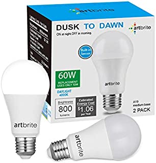 2 Pack Dusk to Dawn Light Bulbs, Light Sensor Bulb 60W Equivalent, Outdoor Light Bulb 4000K, A19 LED Bulb 800LM, Auto On/Off Porch Light, E26 Base for Garage, by artbrite