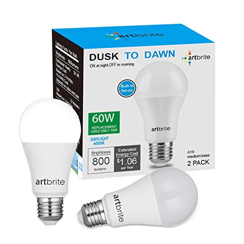 2 Pack Dusk to Dawn Light Bulbs, Light Sensor Bulb 60W Equivalent, Outdoor Light Bulb 4000K, A19 LED Bulb 800LM, Auto On/Off Porch Light, E26 Base for Garage, by artbrite